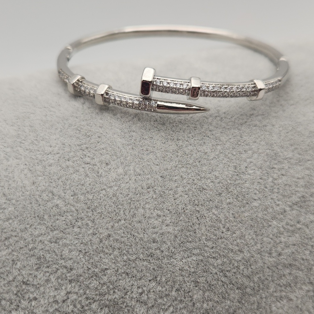 Silver Tone Pavé Nail Bracelet | Zircon Accents | Sleek Modern Statement Jewelry